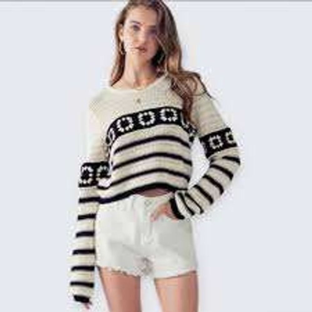 Aaron & Amber Womens Cream Black Crochet Striped Crop Sweater SMALL Cotton Boho